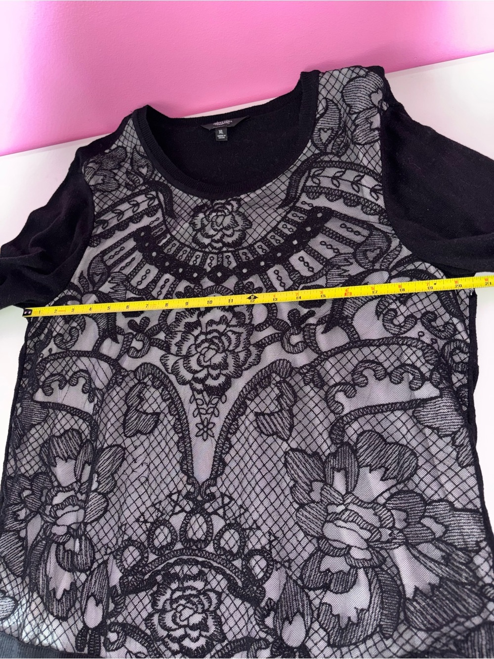Simply Vera Vera Wang Black Lace-Overlay Crewneck Sweater with White Hem - Picture 6 of 8